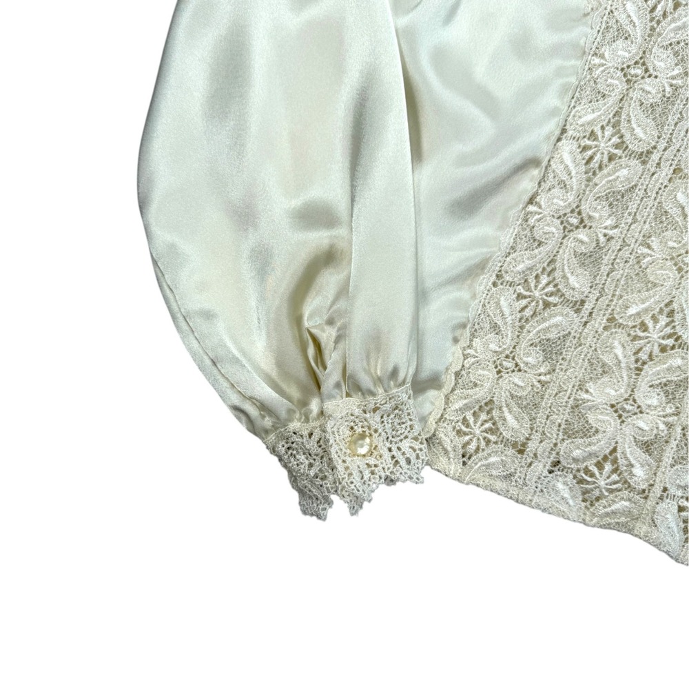 Vintage Satin Sheer Lace Victorian Top M Ivory Lace Mock Neck Prairie Romantic - Picture 7 of 10